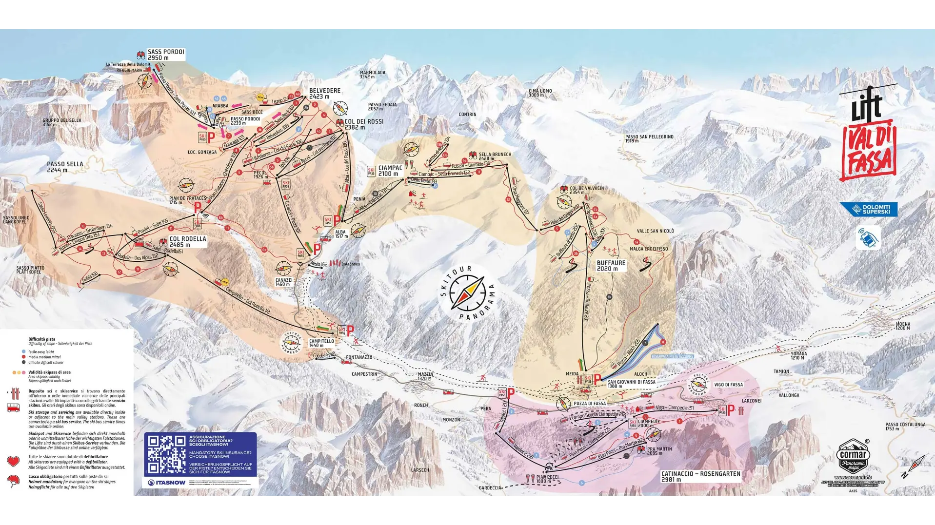 Belvedere, Col Rodella, Ciampac, Buffaure, Canazei, Campitello, Alba, Pozza di Fassa Ski Map